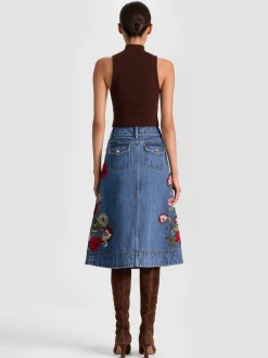 Alice and Olivia MIDI*DAHLIA EMBROIDERED DENIM SKIRT