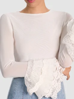 Alice and Olivia CROP TOPS*DELAINA TOP WITH RUFFLE CUFF