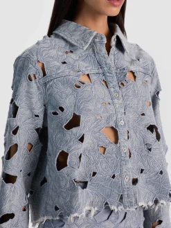 Alice and Olivia CROP TOPS*FINELY LASER-CUT DENIM SHIRT