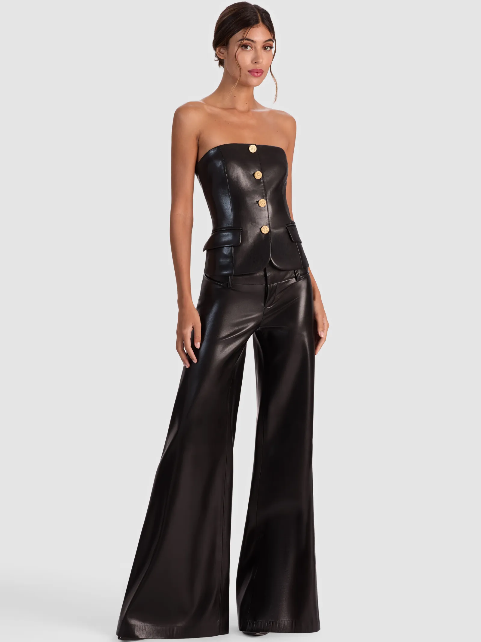 Alice and Olivia ANDREW PANT|JADE MESH BUTTON DOWN*MADISON VEGAN BUSTIER TOP